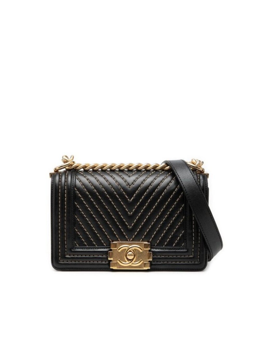 Chanel CC Logo Chevron Boy Chain Shoulder Bag Black Gold Leather Plated